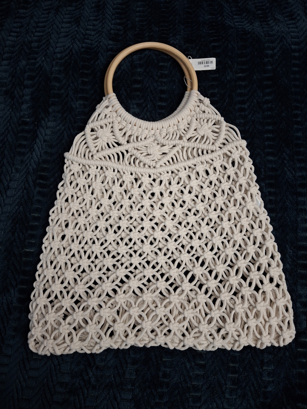 Handwoven Macrame Tote Bag with Wooden Handles - Cream